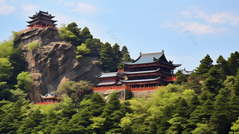 古建筑清晰的摄影图高清的图片绿色的树林蓝天白云天空,高清,摄影图,摄影图片,图片大全,摄影图免费下载